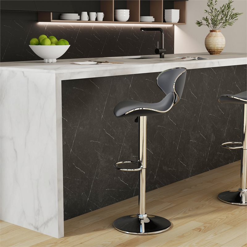 Linon Chrome Faux Leather Round Back Swivel Adjustable Gaslift Barstool in Gray