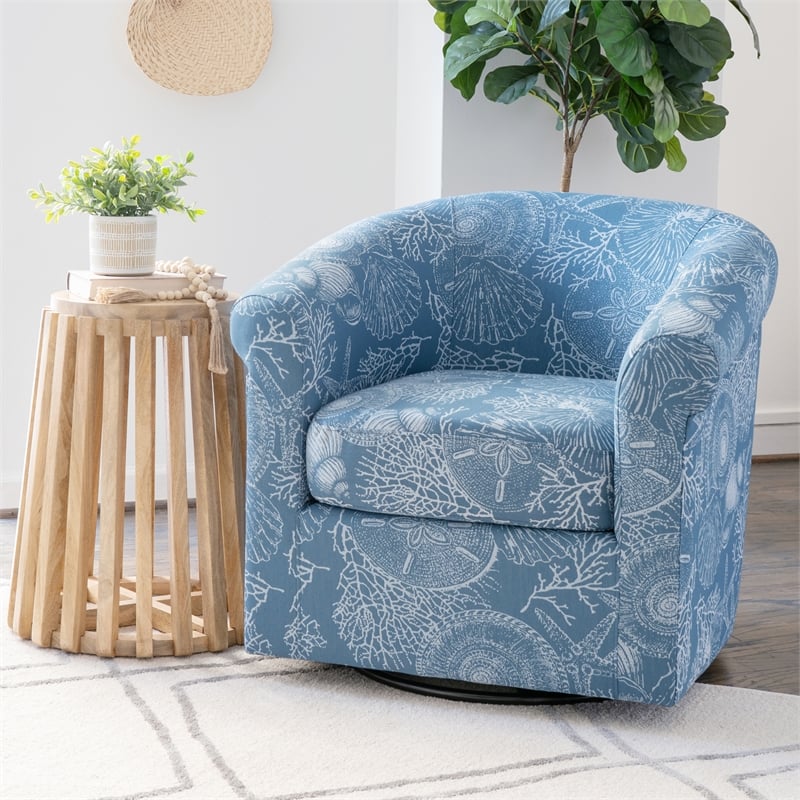 Linon Rhea Fully Upholstered Coastal Swivel Club Chair in Blue Seashell Pattern