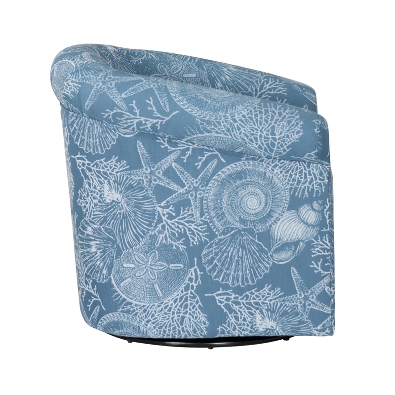 Linon Rhea Fully Upholstered Coastal Swivel Club Chair in Blue Seashell Pattern
