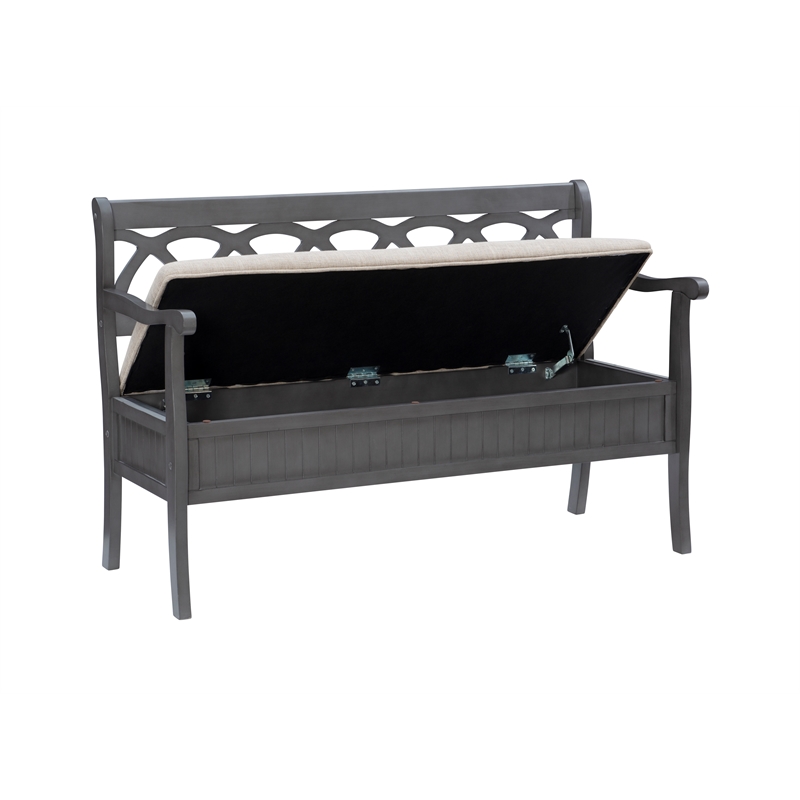 Linon Elliana Storage Bench Beige Padded Seat Cutout Back Design in Gray Wood