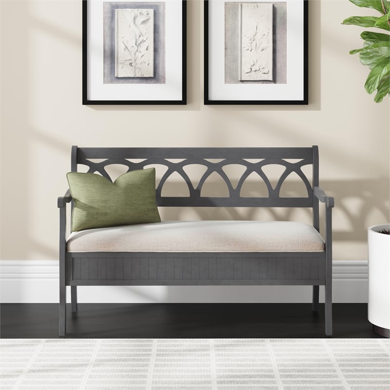 Linon Elliana Storage Bench Beige Padded Seat Cutout Back Design in Gray Wood