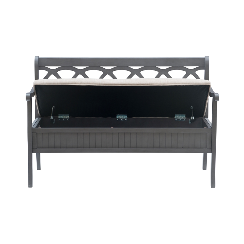 Linon Elliana Storage Bench Beige Padded Seat Cutout Back Design in Gray Wood