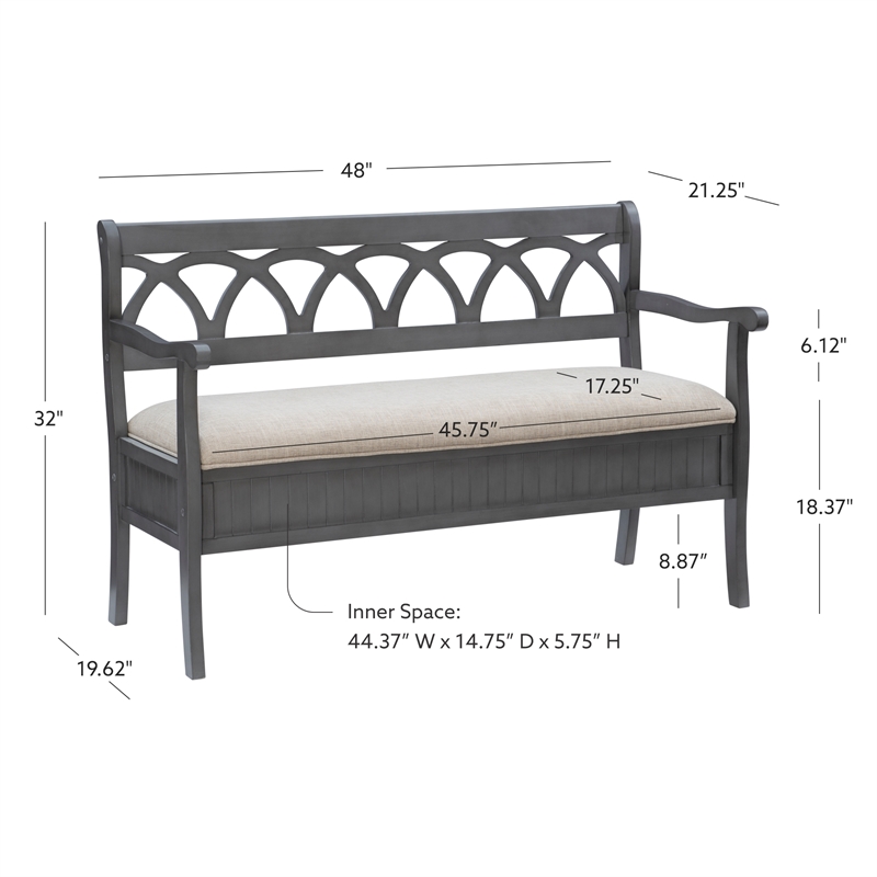 Linon Elliana Storage Bench Beige Padded Seat Cutout Back Design in Gray Wood