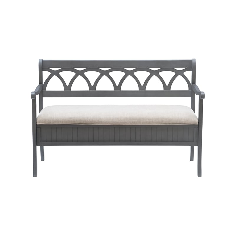 Linon Elliana Storage Bench Beige Padded Seat Cutout Back Design in Gray Wood