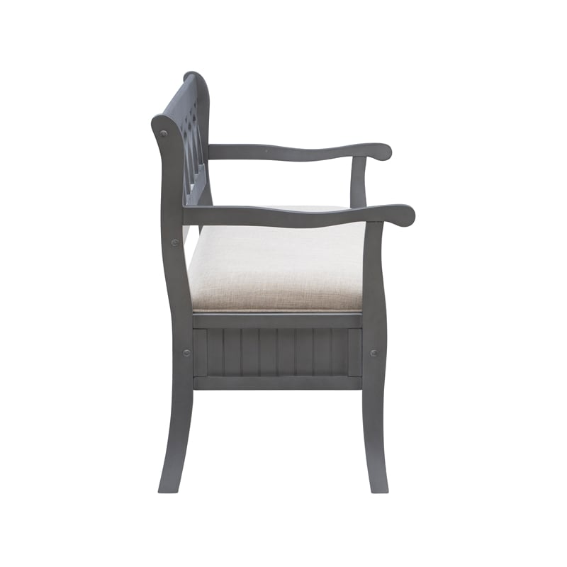 Linon Elliana Storage Bench Beige Padded Seat Cutout Back Design in Gray Wood