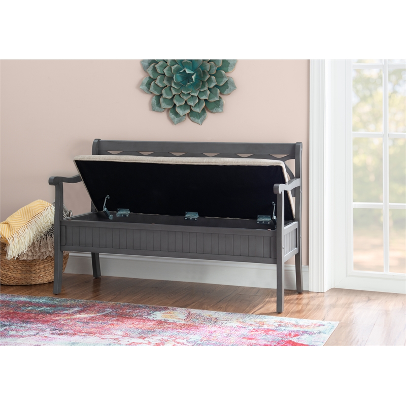 Linon Elliana Storage Bench Beige Padded Seat Cutout Back Design in Gray Wood