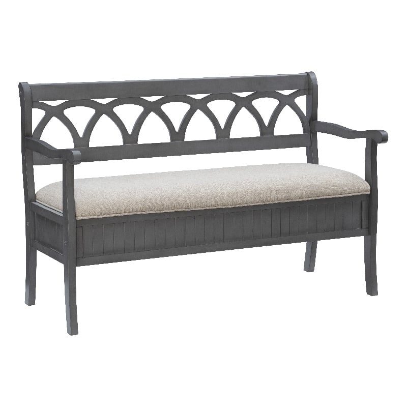 Linon Elliana Storage Bench Beige Padded Seat Cutout Back Design in Gray Wood