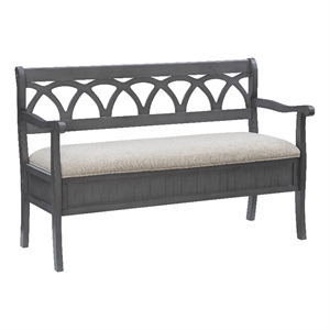 Linon Elliana Storage Bench Beige Padded Seat Cutout Back Design in Gray Wood