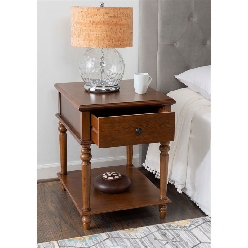 Linon Mavis Wood Side Table with Drawer and Shelf in Hazelnut Brown
