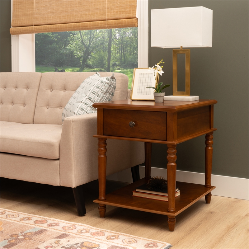 Linon Mavis Wood Side Table with Drawer and Shelf in Hazelnut Brown