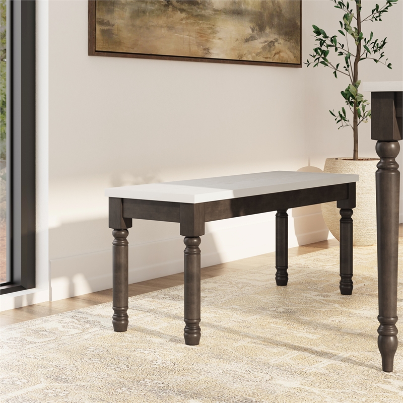 Linon Willow Wood 2 Tone Dining Bench in Smokey White and Dark Gray