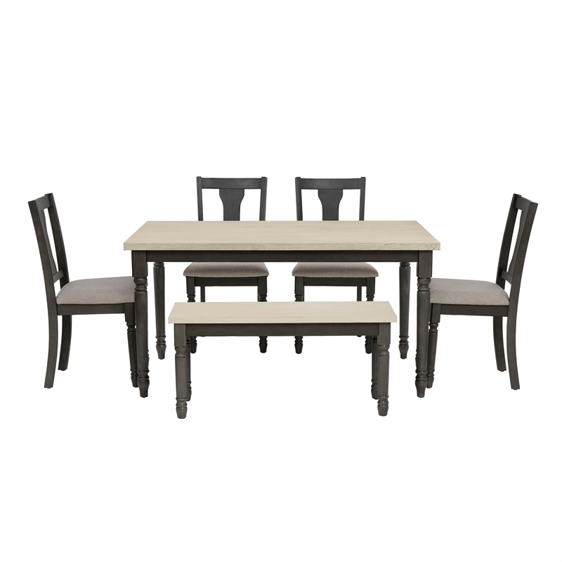 Linon Willow Wood Six Piece Dining Set with Bench in Smokey White/Dark Gray