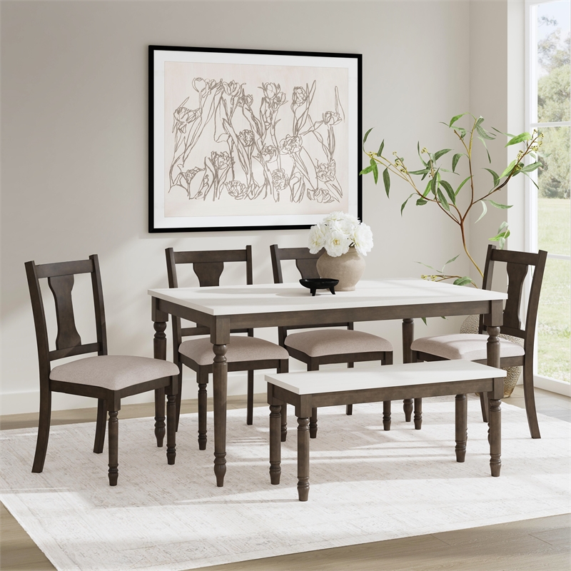 Linon Willow Wood Six Piece Dining Set with Bench in Smokey White/Dark Gray