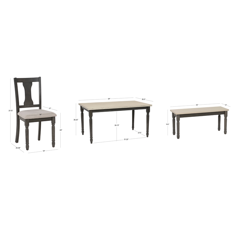 Linon Willow Wood Six Piece Dining Set with Bench in Smokey White/Dark Gray