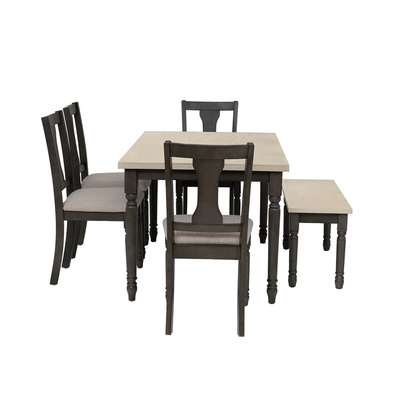 Linon Willow Wood Six Piece Dining Set with Bench in Smokey White/Dark Gray