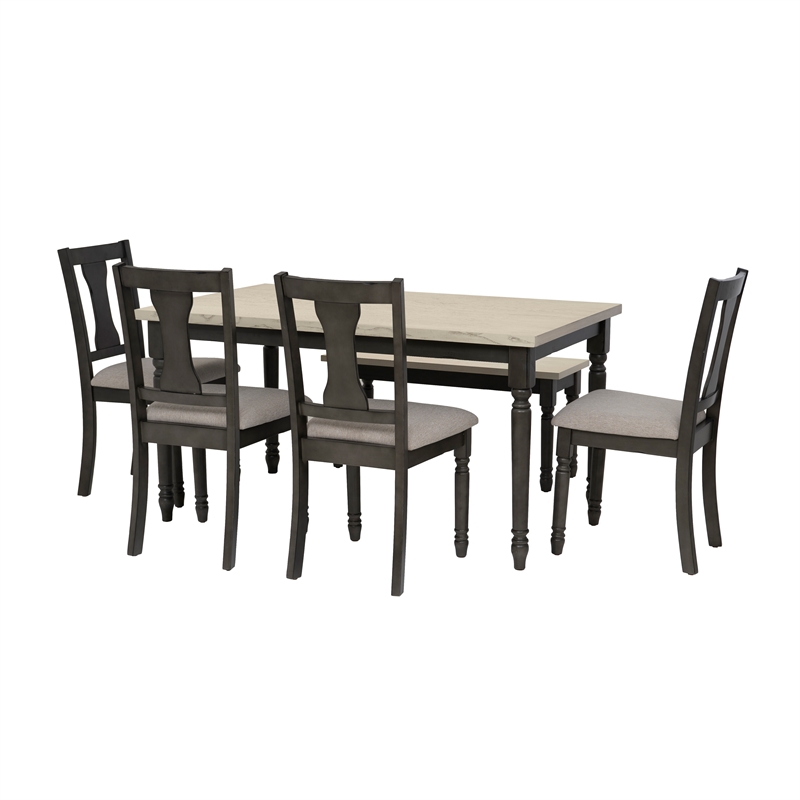 Linon Willow Wood Six Piece Dining Set with Bench in Smokey White/Dark Gray