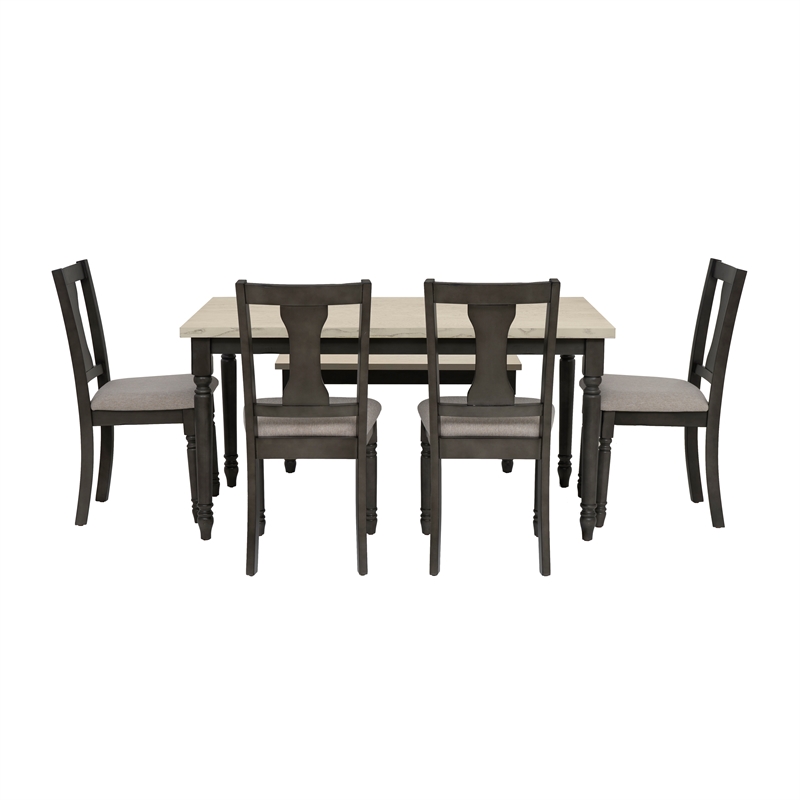 Linon Willow Wood Six Piece Dining Set with Bench in Smokey White/Dark Gray