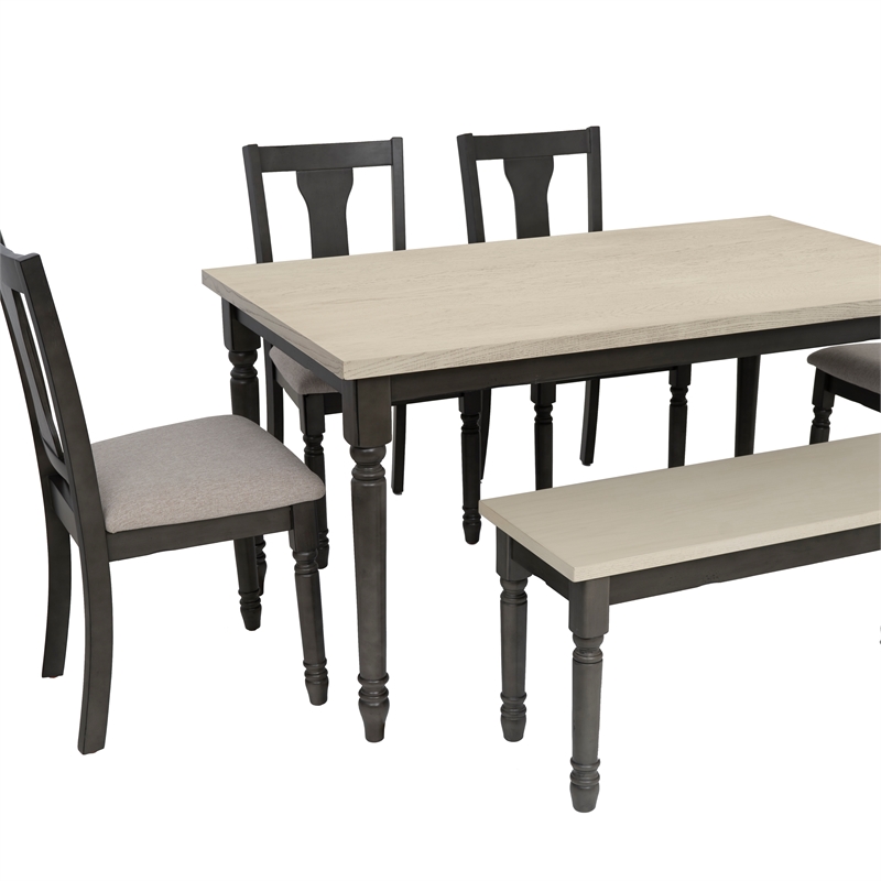 Linon Willow Wood Six Piece Dining Set with Bench in Smokey White/Dark Gray