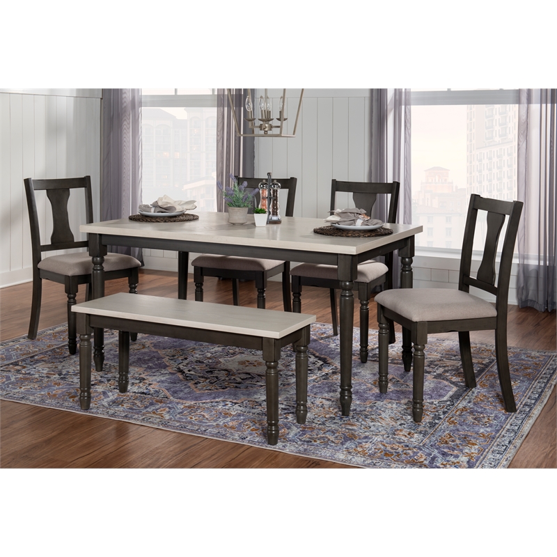 Linon Willow Wood Six Piece Dining Set with Bench in Smokey White/Dark Gray