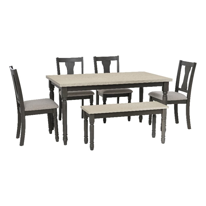 Linon Willow Wood Six Piece Dining Set with Bench in Smokey White/Dark Gray