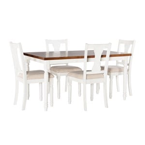 Linon Willow Wood Five Piece Upholstered Dining Set in Vanilla White/Honey Brown