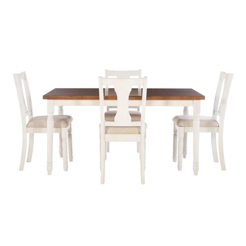 Linon Willow Wood Five Piece Upholstered Dining Set in Vanilla White/Honey Brown