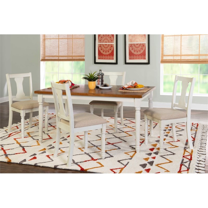 Linon Willow Wood Five Piece Upholstered Dining Set in Vanilla White/Honey Brown
