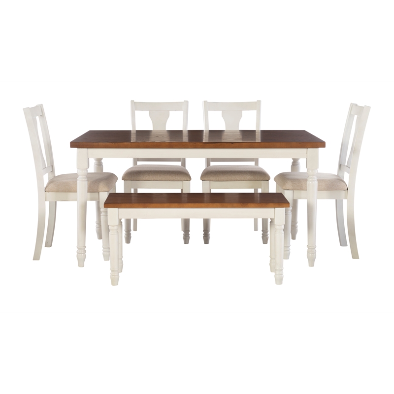 Linon Willow Wood 6 Piece Dining Set with Bench in Vanilla White/Honey