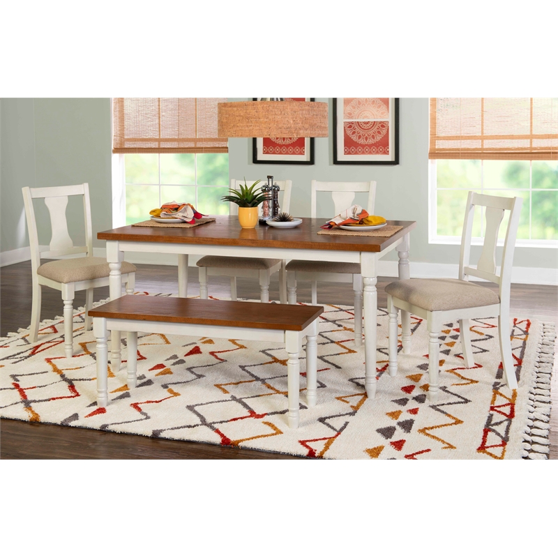 Linon Willow Wood 6 Piece Dining Set with Bench in Vanilla White/Honey