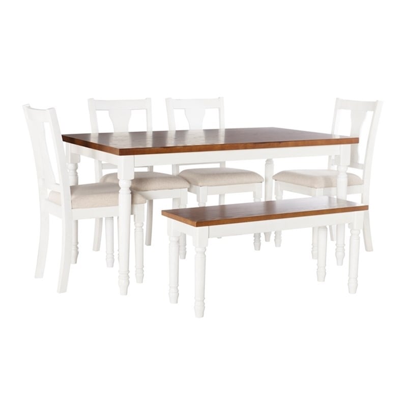 Linon Willow Wood 6 Piece Dining Set with Bench in Vanilla White/Honey