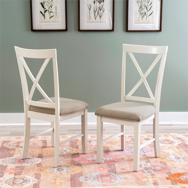 Linon Jane Set of 2 Upholstered X-Back Dining Side Chairs in Vanilla White Wood