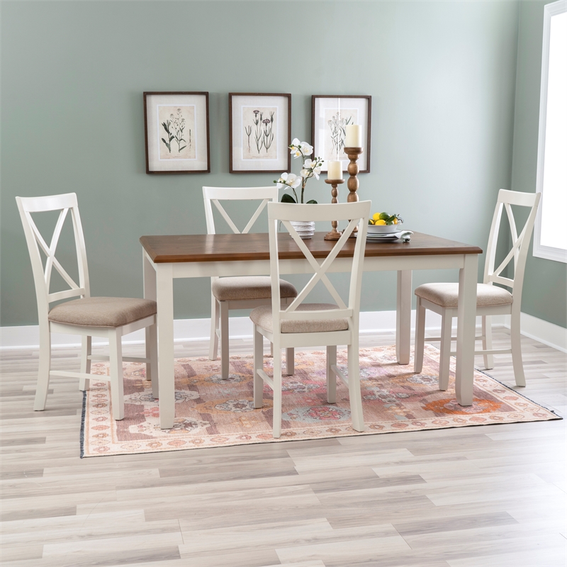 Linon Jane Wood 5 Piece Upholstered Dining Set in Vanilla White and Honey Brown