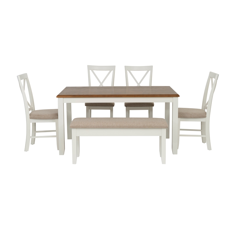 Linon Jane 6 Piece Upholstered Dining Set in Vanilla White and Honey Brown Wood