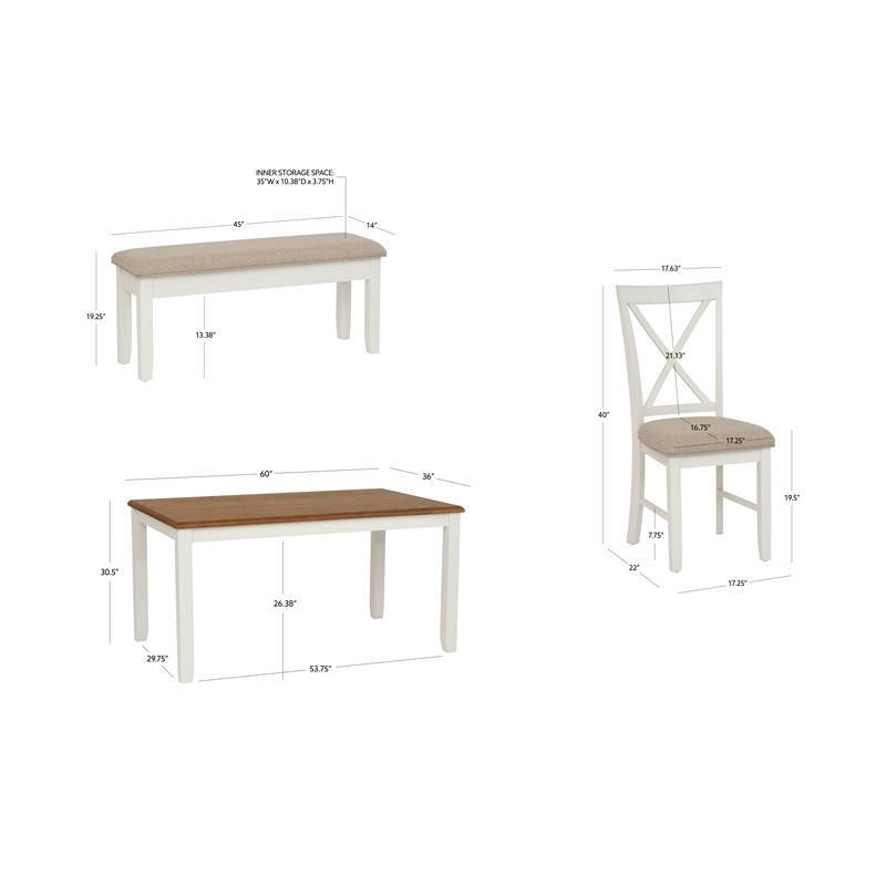 Linon Jane 6 Piece Upholstered Dining Set in Vanilla White and Honey Brown Wood