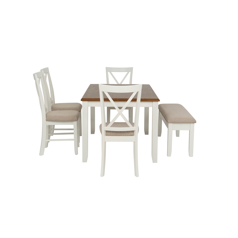 Linon Jane 6 Piece Upholstered Dining Set in Vanilla White and Honey Brown Wood