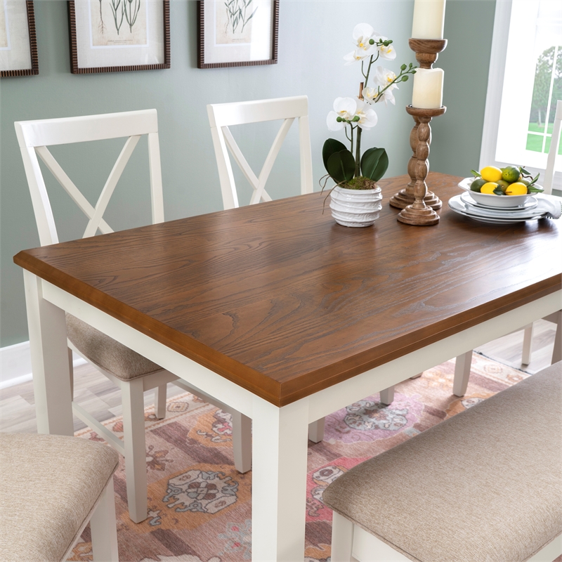 Linon Jane 6 Piece Upholstered Dining Set in Vanilla White and Honey Brown Wood