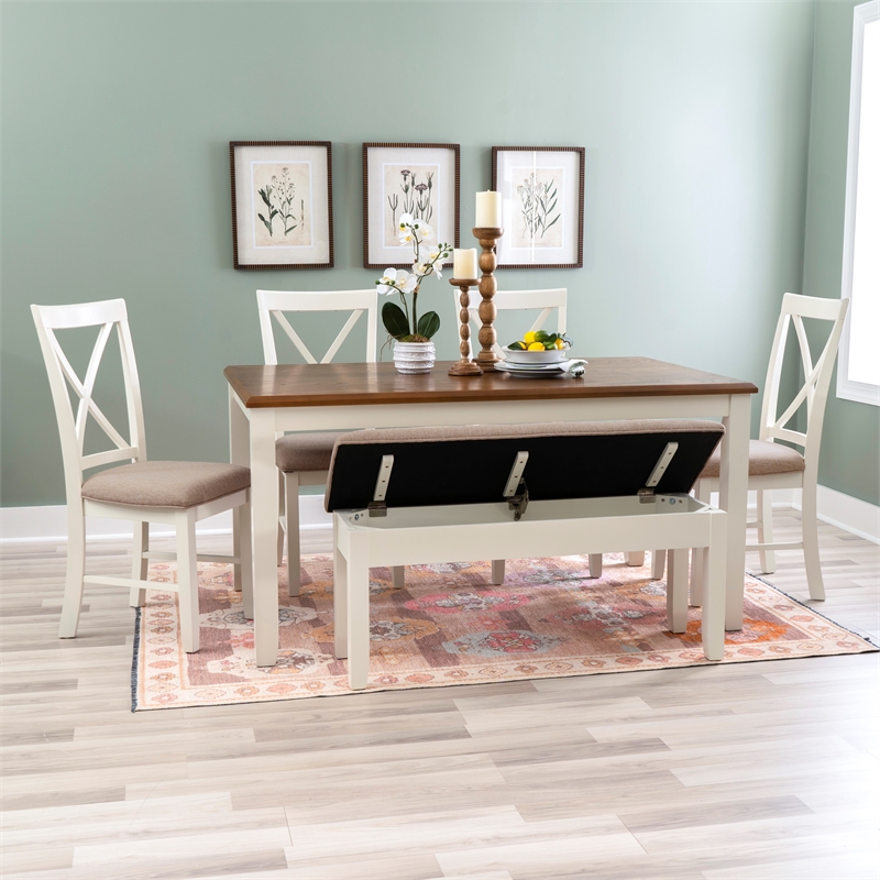 Linon Jane 6 Piece Upholstered Dining Set in Vanilla White and Honey Brown Wood