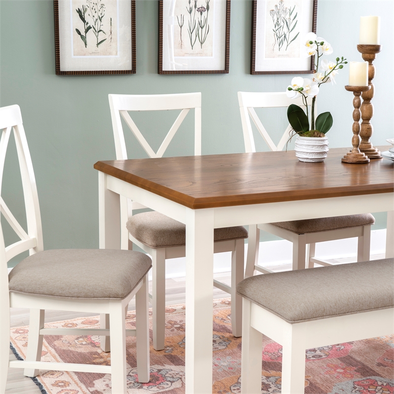Linon Jane 6 Piece Upholstered Dining Set in Vanilla White and Honey Brown Wood