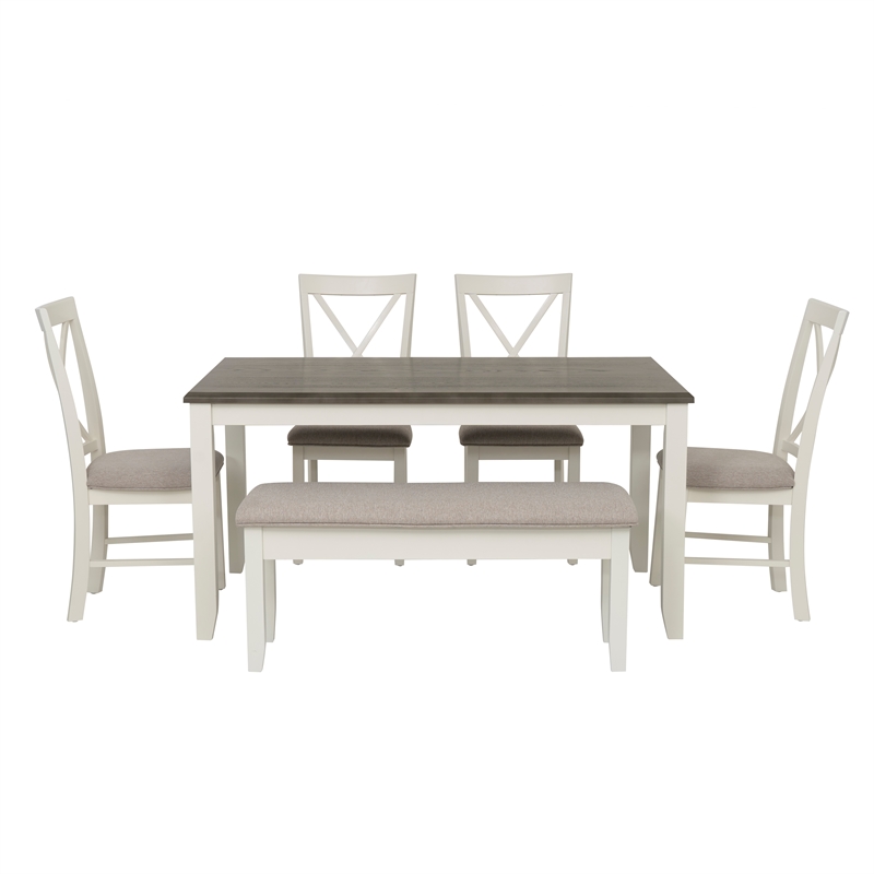 Linon Jane 6 Pce Upholstered Dining Set with Bench in Vanilla White/Gray Wood