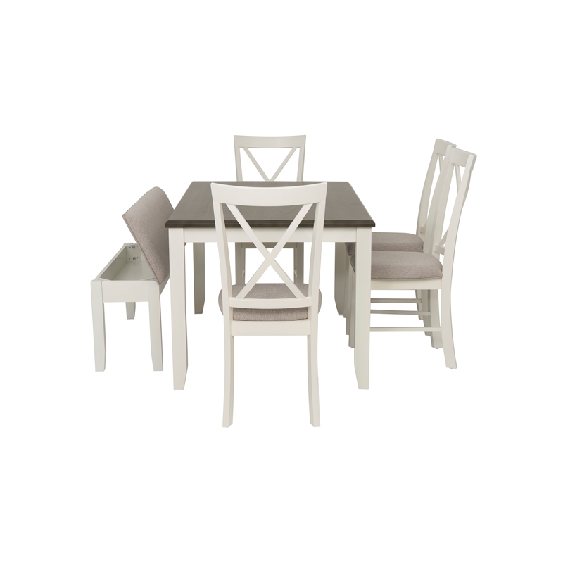 Linon Jane 6 Pce Upholstered Dining Set with Bench in Vanilla White/Gray Wood