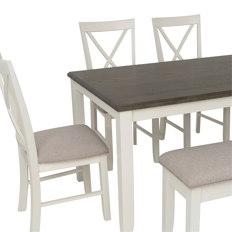 Linon Jane 6 Pce Upholstered Dining Set with Bench in Vanilla White/Gray Wood