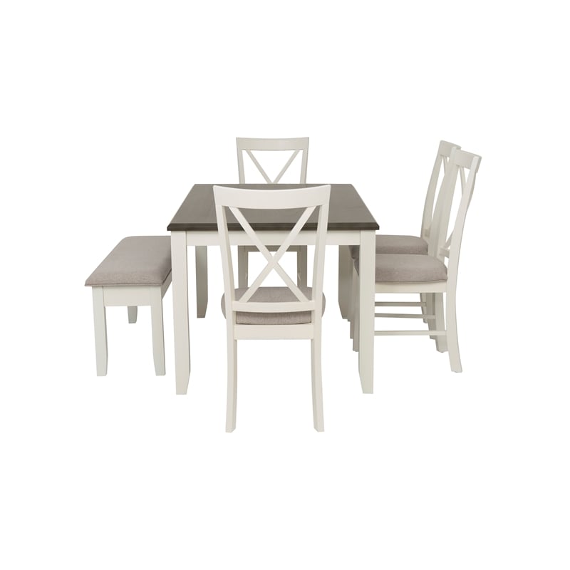 Linon Jane 6 Pce Upholstered Dining Set with Bench in Vanilla White/Gray Wood