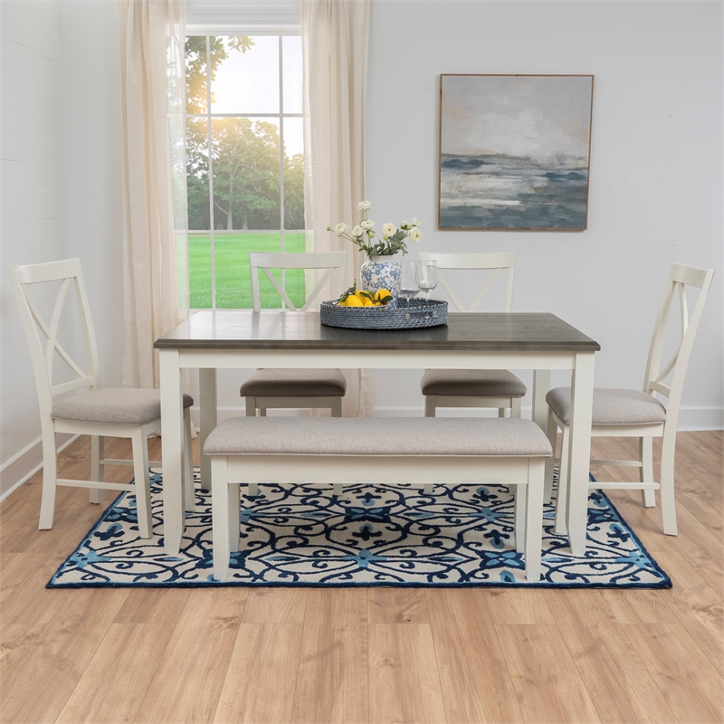 Linon Jane 6 Pce Upholstered Dining Set with Bench in Vanilla White/Gray Wood
