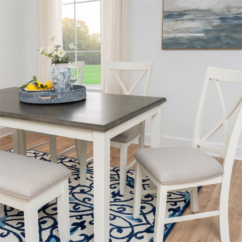 Linon Jane 6 Pce Upholstered Dining Set with Bench in Vanilla White/Gray Wood