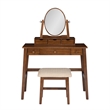 Linon Iris Wood Vanity & Padded Stool Set Oval Mirror 5 Drawers in Walnut Brown