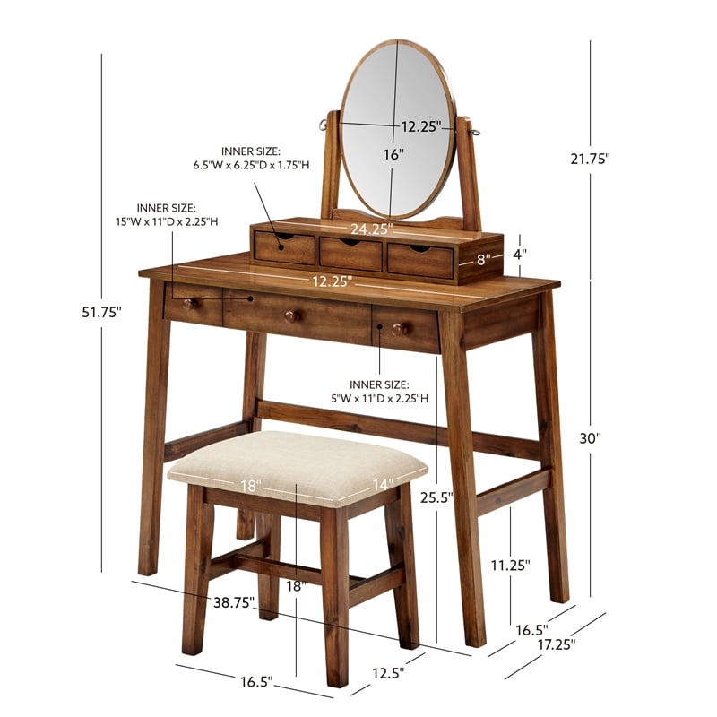 Linon Iris Wood Vanity & Padded Stool Set Oval Mirror 5 Drawers in Walnut Brown