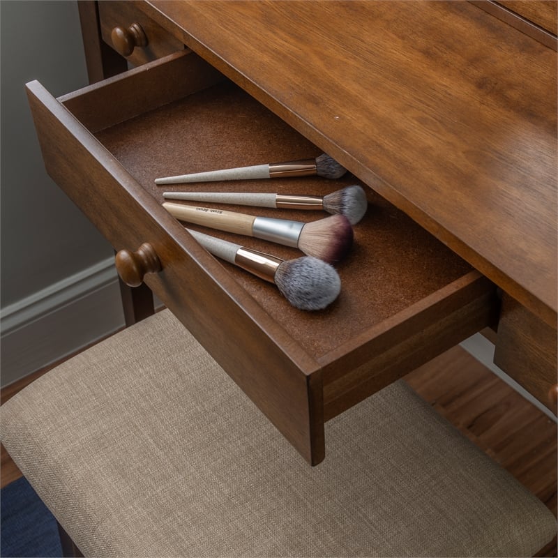 Linon Iris Wood Vanity & Padded Stool Set Oval Mirror 5 Drawers in Walnut Brown