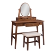 Linon Iris Wood Vanity & Padded Stool Set Oval Mirror 5 Drawers in Walnut Brown