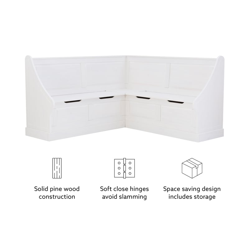 Linon Troyin Corner Breakfast Nook with Hidden Storage in Solid White Pine Wood