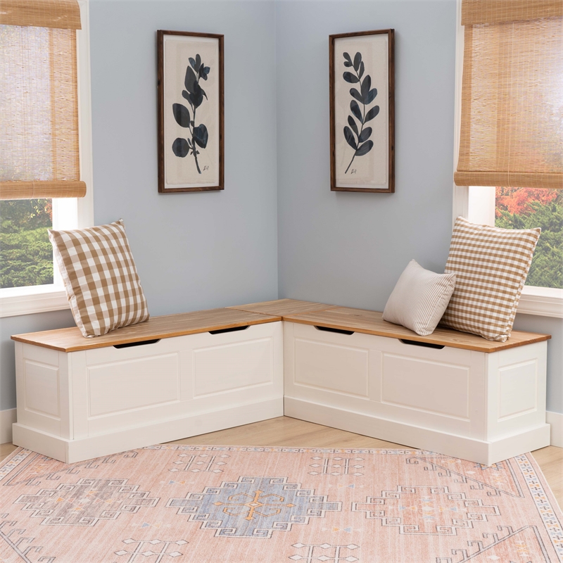 Linon Troyin Two Tone Backless Wooden Storage Nook in Natural and White